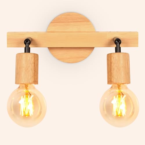 LIGKIN Wandleuchte Innen Vintage E27 Holz Schwenkbarer Lampenkopf Wandspots Deckenleuchte für Wohnzimmer, Schlafzimmer, Korridor