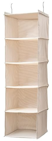 BOMEI PACK Beige Hanging Wardrobe Closet Organizer Shelves with 5 foldable Storage compartments,easy hang up with Curved Metal Hooks for storage sorting organise 1 pack