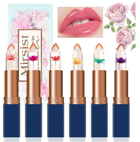 Bekoeen 6 Packs Flower Jelly Lippenstift Set, Kristall Blumengelee Lippenstift Set,Farbwechsel Aloe Vera Lippenstift,Magische Temperatur Farbwechsel Lipgloss Lippenbalsam