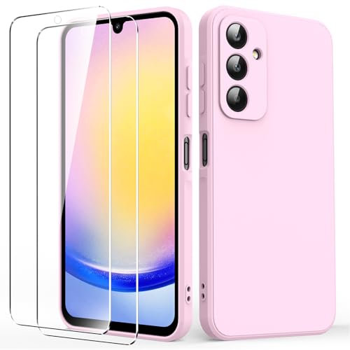 Byvuwiay Cover per Samsung Galaxy A25 5G con 2 Vetro Temperato Pellicola Protettiva, Custodia in TPU Ultra Sottile Antiurto Anti-Scratch Case, Rosa