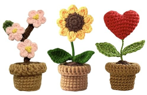 YANGSHINE 3 Stück Mini-Topfblumen, handgefertigt, gehäkelt, handgestrickt, Pflaumenblüten für Hone, Büro, Auto, Armaturenbrett, Dekoration, Farbe #8, YSFZH09-8