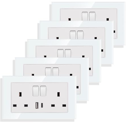 JIMEIDA 5 Pack White Double Switched Socket 13 Amp Glass Panel with USB-A And Type-C Charging Ports Crystal Wall Outlet Electric Power Socket