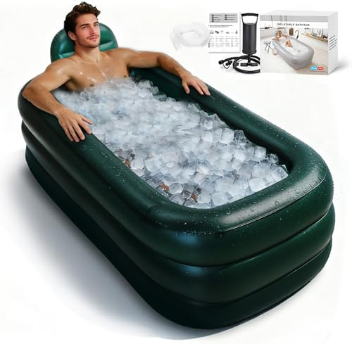 Inflatoast Baignoire Gonflable Adulte, Bain de Glace & Jardin | Grande taille vert fitness,158x95x45 cm, pompe manuelle, tuyau de vidange, dossier & fond intégrés, pliable pour rangement