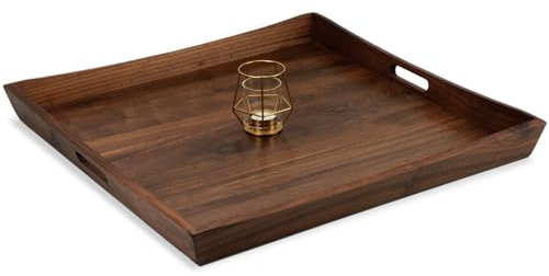 MAGIGO 24 x 24 Inches Large Square Curved Black Walnut Wood Ottoman Tray with Handles, Serve Tea, Coffee Classic Wooden Decorative Serving Tray