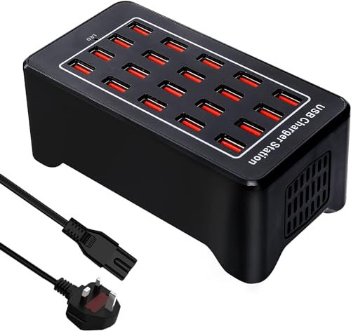 20-Port USB Charging Station - 100W/20A Desktop Charger Hub for Multiple Devices - Compatible with iPhone 12/13/14/15 & Samsung S24/S23/S22