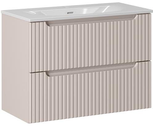 Lomadox Badezimmer Waschtisch 80cm mit Keramikwaschbecken, Kaschmir, gerillte Front
