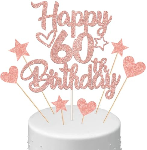 Anlgdi Tortendeko Happy Birthday Deko Kuchendeko 60. Geburtstag Frau, Kuchen Topper Happy 60th Birthday Roségold, Cake Topper 60 Jahre Torte Kuchen Deko für Geburstagstorte Deko 60. Frauen