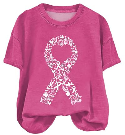 Femme Cancer du Sein Octobre Rose - T-Shirt Col Rond Ruban Rose 2024 pour Sensibilisation et Lutte au Cancer du Sein
