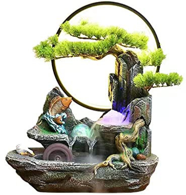 CWCQGH Fontana da Tavolo Fontana da Tavolo Fontana da Tavolo in Resina Fontana a Cascata con Luce LED Rotonda Albero Finto Decorazione per Ufficio Domestico Fontana all'aperto (con nebulizzatore)