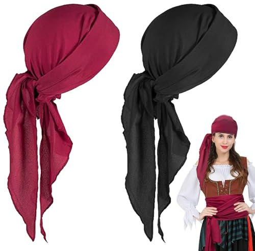 AUNGKWANG 2 Stück Durag with Long Tail, Piraten Bandana, Unisex Durag Men Silk Pirate Bandanas with Long Tail and Wide Straps for Men Women Daily Hip Hop Decoration (Schwarz + Rot)