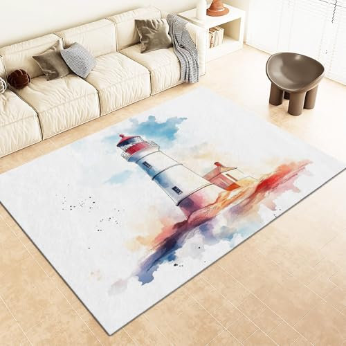 Srigzcaly Superweicher Teppich kinderzimmer 80x150cm Aquarell-Meer-Leuchtturm-Thema Antirutsch Teppich Schlafzimmer-Rechteckteppich, Weiß Wohnzimmer-Teppich Balkon-Bodenmatte kinderteppich