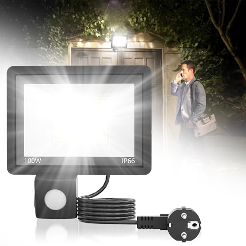 XMTECH 100W LED Strahler mit Bewegungsmelder Außen Außenstrahler, Fluter Flutlicht Scheinwerfer mit Lichtsensor Stecker für Garten Garage Kaltweiß