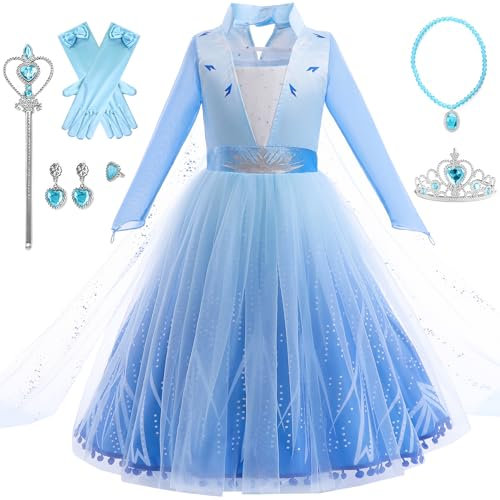 IWFREE Filles Elsa Reine des Neiges 2 Déguisement, Manche Longue Frange Elsa Robe de Princesse avec Cape de Sol Noël Carnaval Halloween Fête Anniversaire Enfant Elsa Costume, Bleu, 2-8 Ans