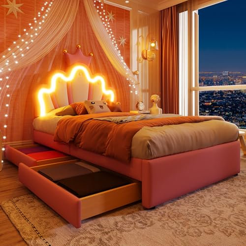 Lit enfant avec 2 tiroirs de rangement et lampes LED,Lit rembourré 90x200 cm avec lit princesse en forme couronne, sommier à lattes et dossier cadre de lit simple, Fabriqué PU Rose (sans Matelas)