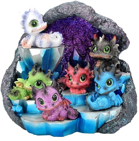 Figuren Shop GmbH Drachenfiguren Set Freche Drachenbabys – 6 Miniaturen mit Kristall-Höhle, handbemalt aus Polyresin, 3,5–5 cm