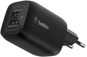 Belkin Gaming Cargador USB-C Doble de 65W, Enchufe de Pared USB 3.0, Carga Rápida GAN para Nintendo Switch 2, iPhone 16, iPad, MacBook Air, Chromebook, Samsung Galaxy S25 Ultra - Negro