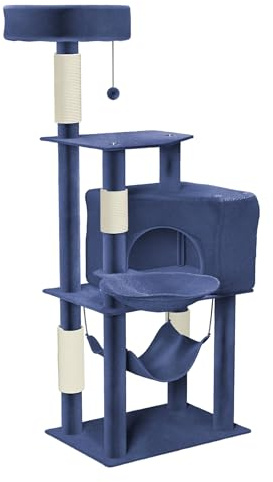 HENGMEI Kratzbaum Kletterbaum Katzenkratzbaum Katzenbaum mit Hängematte und Spielmöglichkeiten Grosse Katzenstabil Spielhaus Spielzeug für Katzen (Modell B, Blau)