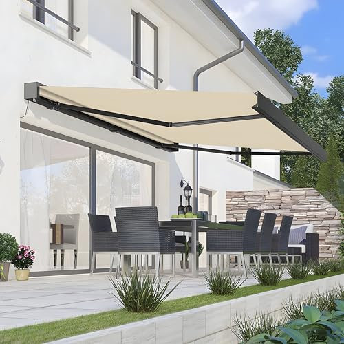 Primrose Electric Awning 5m x 3m Remote Control Ivory White Deluxe Full Cassette DIY Patio Awning with Lights Gazebo Canopy Complete with Fittings and Winder Handle