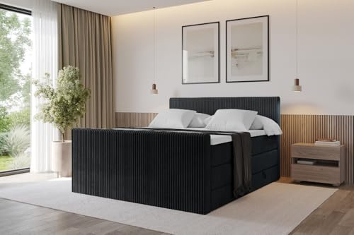 ALTDECOR Boxspringbett mit Matratze und Lattenrost, Topper, Fußteil,Polsterbett mit Bettkasten, Bett mit Stauraum H3- und H4- Matratze, Doppelbett, Springboxbett - TOLO-Z King 120x200 Cord - Schwarz