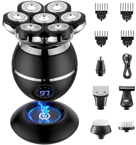 iWarmbase Head Shavers for Bald Men, 7D 6 in 1 Mens Groming Kit | Head Shavers for Men, USB-C and Wireless Charging, Travel Lock, LED Display, Plus trimmer and Facial Care Attachments