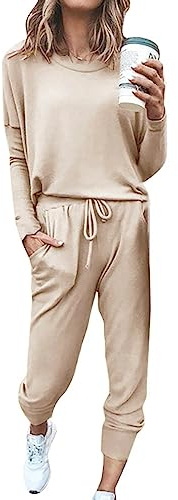 co ord sets for women Tracksuit Womens Full Set Lounge Wear Sets Sweatsuits Oversized Solid Color Long Sleeve Shirts High Waist Wide Leg Joggers Warm Cosy Soft Nightwear Holiday Dailywear a-Khaki M