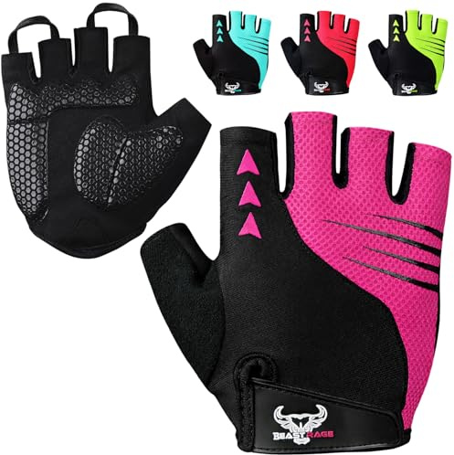 BEAST RAGE Guanti da ciclismo a mezza dita per uomini e donne – Guanti da bicicletta imbottiti, traspiranti, antiscivolo, senza dita, guanti da bici da strada (rosa, S)