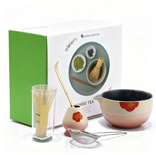 Esoes Matcha Set Matcha Whisk Set with Bamboo Whisk, Ceramic Bowl, Scoop, Holder, Sieve 5 Pcs Complete Matcha Kit with Giftbox Packing Gift for Matcha Lover
