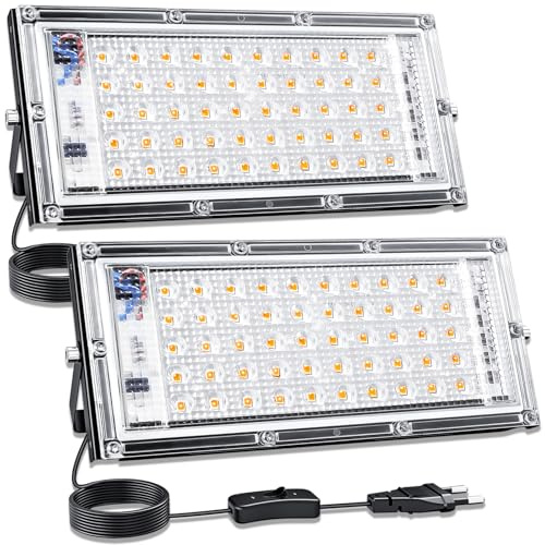 CREATESTAR LED Strahler Warmweiß 50W 2pc 3000K Warmweiß led scheinwerfer,IP65 Wasserdicht Led Strahler mit Stecker Geeignet für Gärten, Garagen, Spielplätze
