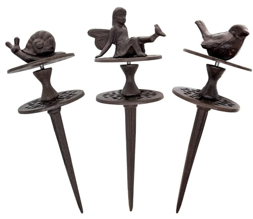 Gartenschlauchführungsspieß, dekorative Schlauchführung, Stützpfähle, antikes schweres Gusseisen, Pflanzenschutz-Werkzeuge für Bauernhof, Garten, Rasen, Hof, Vögel, Engel, Schnecke, 3 Stück