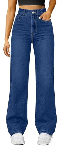 Wide Leg Jeans for Women UK Elasticated High Waist Flare Denim Trousers Baggy Stretch Straight Leg Jeans Loosefit Y2K Slim Fit Boyfriend Denim Pants Jeggers Streetwear with Pockets (Dark Blue-a, L)