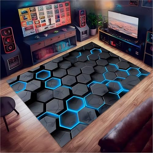USHIRUG Honeycomb Area Rug, 60x90cm 3D Geometric Hexagonal Black Blue Crack Illusion Soft Rugs, Essential Mat for Teenagers' and Children's Living Rooms for Bedrooms Gaming Rooms and Playrooms