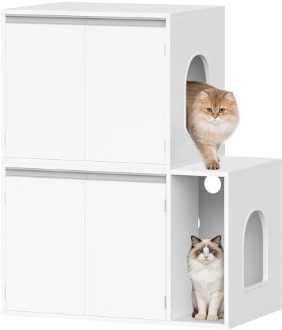 Hzuaneri Katzenschrank für 2 Katzen, 140 cm Katzenklo Schrank, Weiß | Katzenhaus Versteckt mit Doppelräumen, Kann als Fernsehschrank, Katzenmöbel, 140 x 48,3 x 48 cm, CB65603X