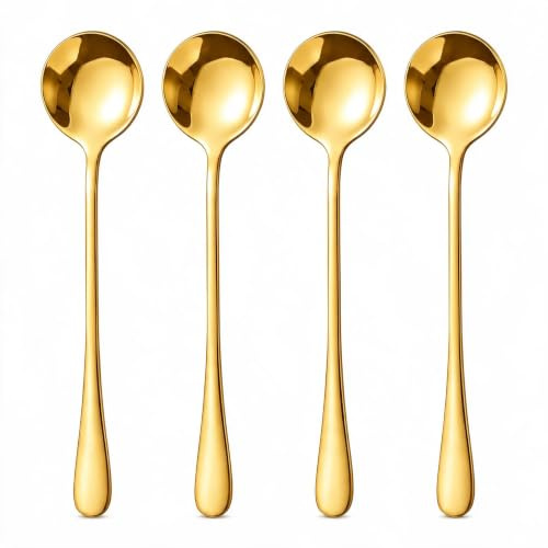 4er-Set goldfarbene Latte-Macchiato-Löffel, 18,5 cm lange Löffel, Edelstahl | Rührlöffel für Eiskaffee, Eistee, Milchshakes, Eisbecher, Cocktails und Desserts; passend für hohe Gläser; spülmaschinenfest.