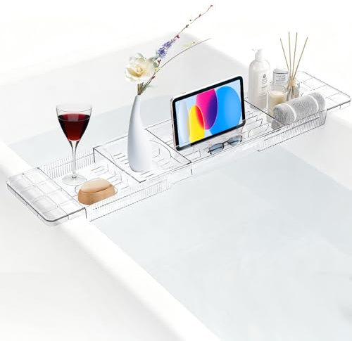ARATERVIO Verstellbares Badewannen-Tablett 56–80cm Teleskop Badewannenablage mit Ablauföffnungen, erweiterbarer Badewannen-Organizer für Wein, Bücher, Tablets, Handy Kerzen (Transparent)
