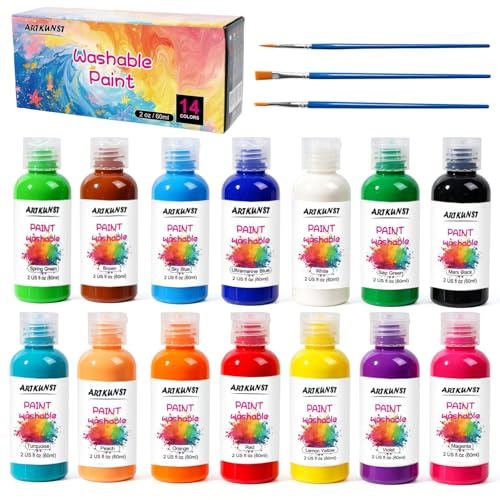 14 Colors Washable Kids Paint Set (2 oz, 60 ml) with 3 Paintbrushes | Children Arts & Crafts Supplies, Creative Gifts Non Toxic & Safe Washable Paint Set, Art Supplies Classroom Gifts