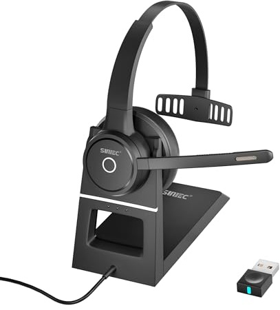 Wireless Headset w/Noise Canceling Microphone for PC, Bluetooth Headset | for Work with Mic Mute Charging Dock & USB Dongle AptX for Office Teams Trucker Computer Conference Calls Cell Laptop
