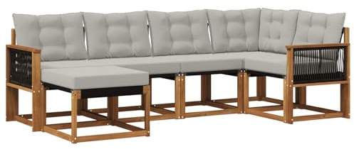 vidaXL Outdoor-Sofagarnitur mit Kissen 6 pcs Natürlich und Hellgrau, Moderne Outdoor-Sofa-Sitzgruppe, stylische Gartenmöbel, robuste Terrassenmöbel, Bequeme Lounge für den Garten