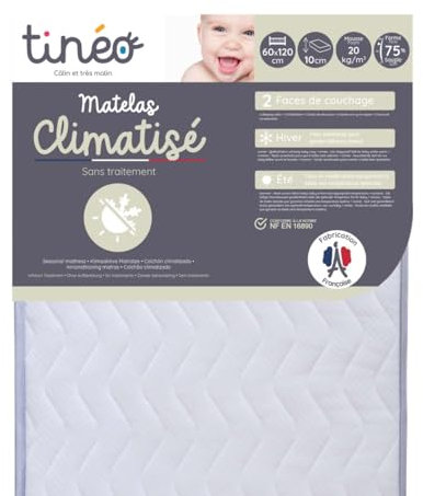 TINÉO - Matelas Climatisé 60x120x10cm - Matelas Bébé - Climatisé - 1 Face Été - 1 Face Hiver - Sans Traitement - Densité 16 kg/m3 - Fabriqué En France
