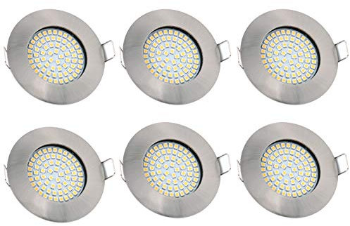 vislux LED Einbaustrahler 230V - 58mm - 70mm - Edelstahlgebürstete Einbauspots Badezimmer- Energiesparende warmweiße Einbauleuchten - 3,5W 330lm 3000K - (6er Set) - (Matt-Chrom)