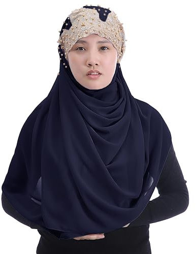 Lina & Lily Damen Hijab Kopftuch aus Chiffon mit Goldenen Pailletten & Glitzer & Perlen (Marineblau)