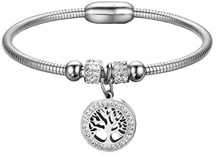 JewelryWe Schmuck Damen Armband Lebensbaum Baum des Lebens Armreif Edelstahl Strass Schlangenkette Armspange Silber/Gold/Rosegold