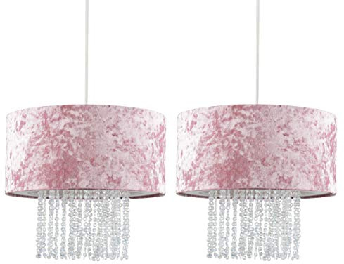 MiniSun | Modern Silver Pink Velvet Ceiling Pendant Light Shades with Clear Acrylic Droplets | Pendant Lights, Home Décor & Improvement Essential | Set of 2 | Includes Bulb | 35cm Shade Width