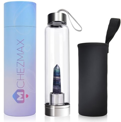 ChezMax Crystal Glass Water Bottle Energy Bottle Wellness Gem Water Bottle with Removable Natural Crystal Center