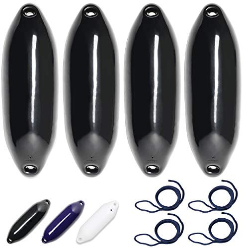HonuNautic 4er Set Fender incl. Fenderleinen | U-Serie | Farbe: Schwarz | Größe: Ø 22 x L 64 cm | Boot & Yacht Stegfender, Langfender