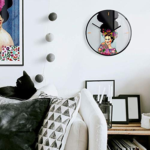 K&L Wall Art lautlose 30cm Große Wanduhr Wohnzimmer Wandbild Frida Glasbild bunt abstrakte Uhr aus Glas mit Quarz Uhrwerk