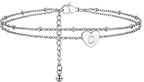 PROSTEEL Edelstahl Fußkettchen mit Buchstabe D 22+5cm Sommerstrand Initiale Herz Charms Fußkette zweilagige Knöchel Armband Sommer Schmuck Accessoire für Damen Mädchen