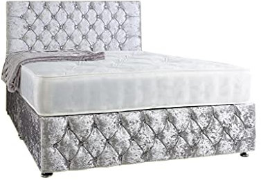 Perfect Sleep 4FT6 Double Silver Crushed Velvet Divan Bed Set Including medium feel mattress And Headboard
