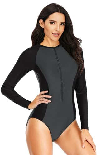 Beachkini Costume da Bagno a Maniche Lunghe con Zip da Donna Costume Intero da Bagno Ricreativo Rash Guards,Grey Black,M