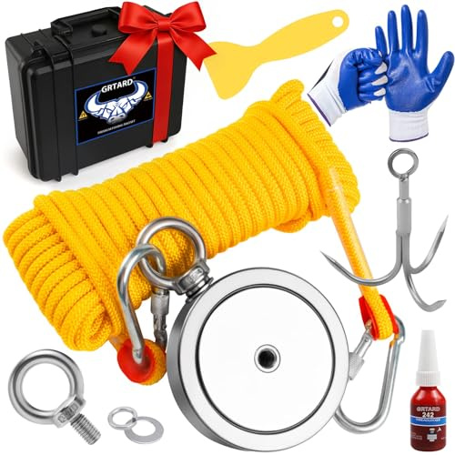 GRTARD Angelmagnet, 1190,7 kg Zugkraft, doppelseitiger Magnetfischen mit Etui, perfektes Angelmagnet-Set für Magnetfischen und schwere Nutzung, 11,6 cm Durchmesser