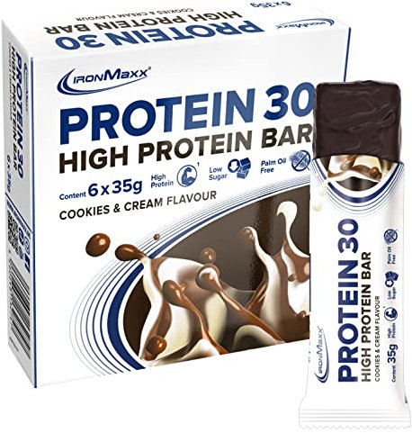 IronMaxx Protein 30 Eiweißriegel – Cookies & Cream - 6x35g | High Protein Bar 30% Eiweiß, Low Carb & zuckerreduziert | Vitaminreicher Fitness Snack für Muskelaufbau & Diät